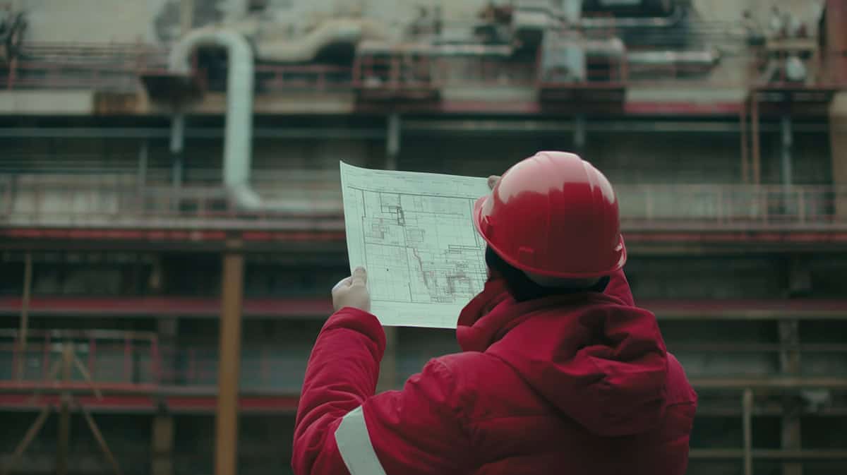 hombre mirando un plano delante de una construcción