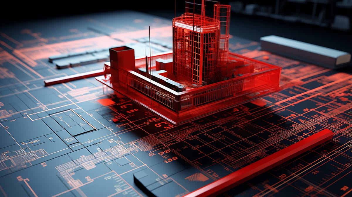 Render 3D de un edificio rojo sobre un plano color negro y medidas y lineas en rojo