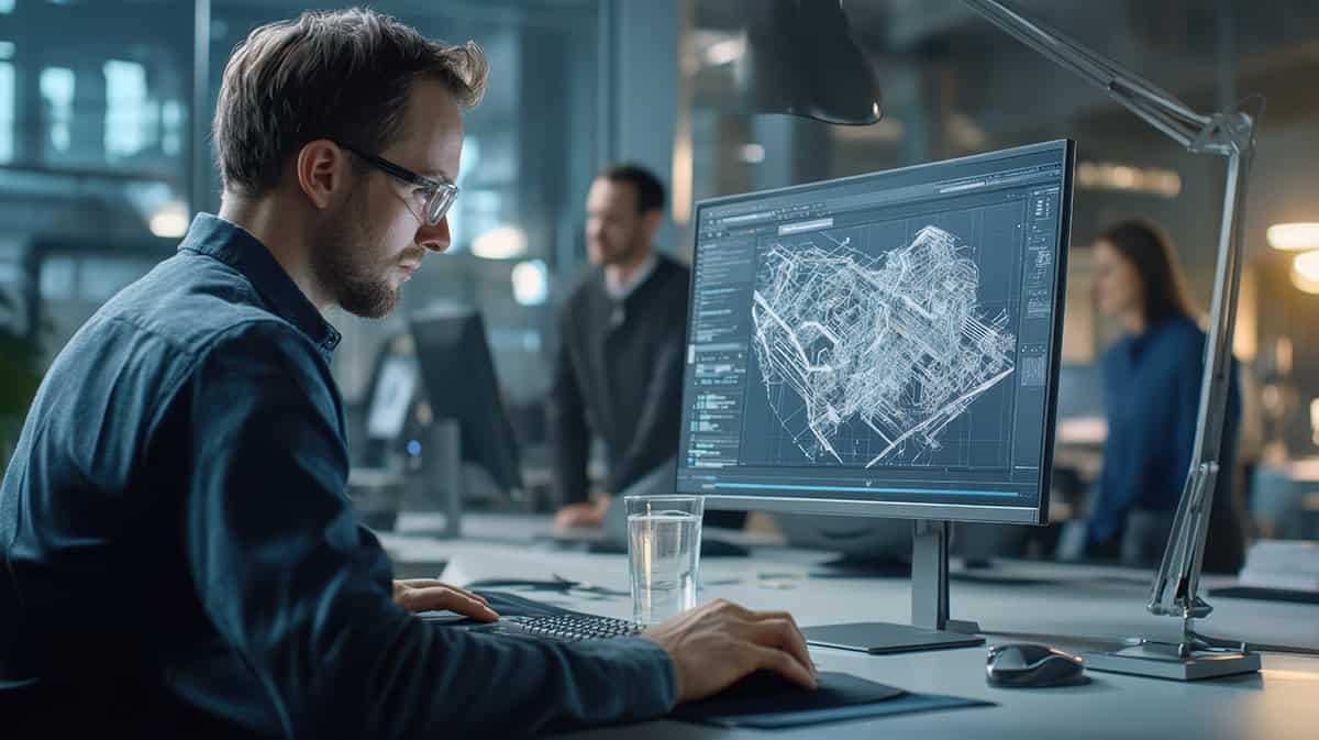 hombre con gafas mirando un monitor de ordenador con un plano realizado con Lidar, un vaso de agua en al mesa y de fondo una mujer y un hombre difuminados