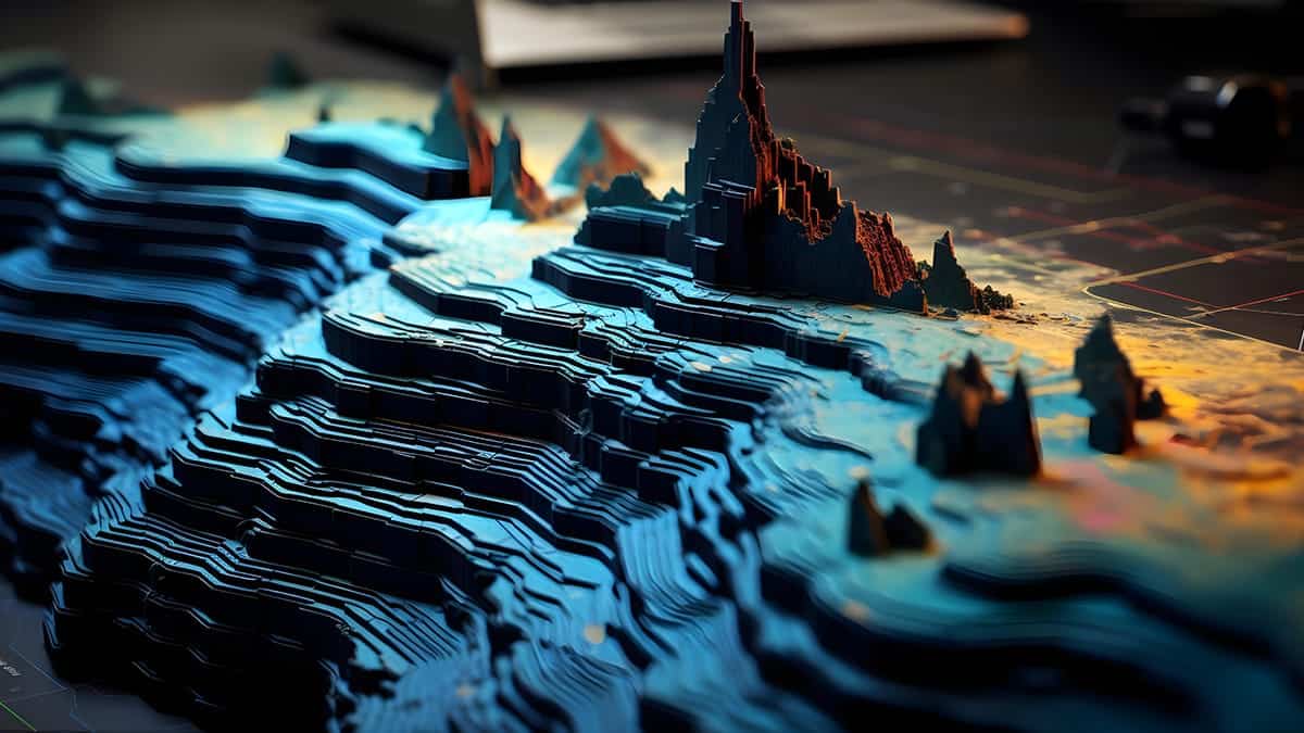 Paisaje digital tridimensional con ondas azules fluidas en primer plano y formaciones rocosas oscuras al fondo, iluminado por una luz dorada cálida que crea un ambiente dramático entre lo tecnológico y lo natural