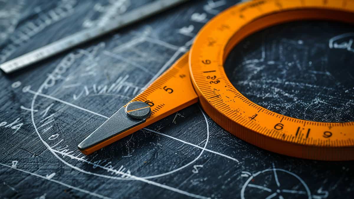 primer plano de material de medicion en color naranja metalico sobre una mesa negra con anotaciones en color blanco