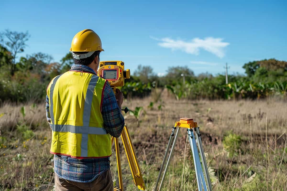 hombre con chaleco amarillo y casco de seguridad usando un gps topografico con dos tripodes y el fondo un campo de arboles difuminado